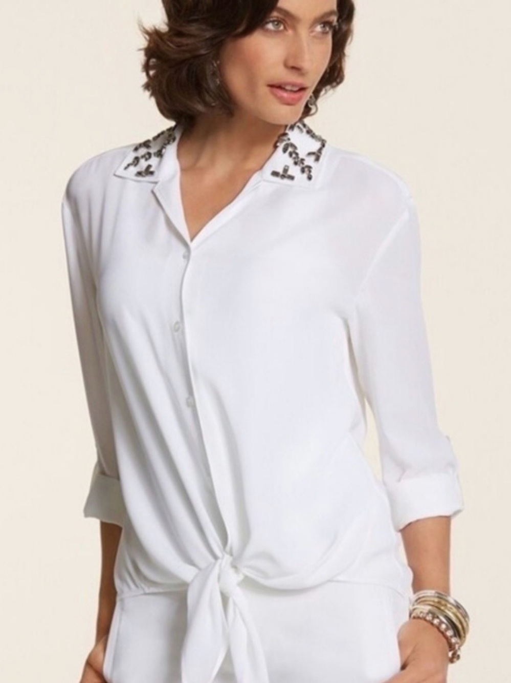 Chico's White Tie-Front Button-Down Shirt with Jeweled Collar